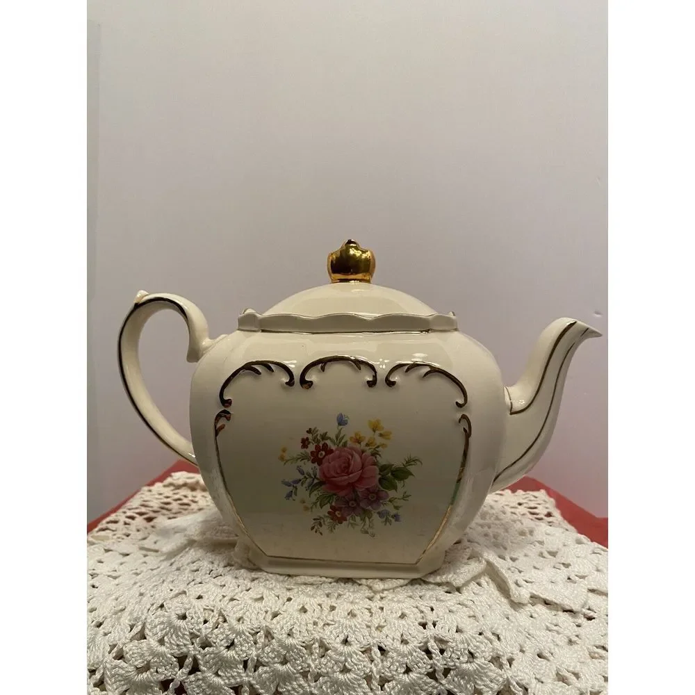 Vintage Sadler England Cube Teapot #2097 Rose Flowers Gold Trim‎